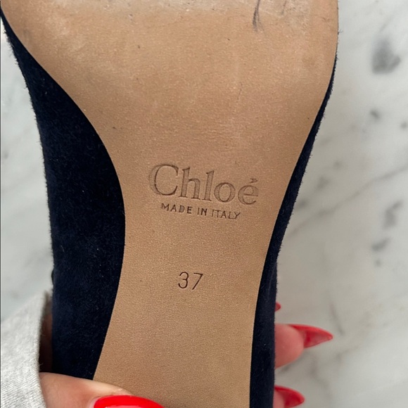 NWT Chloe Blue Suede Lauren Scallop Trim Block Heel Pumps Size 37 - Picture 9 of 12